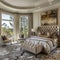 Visualize a grand, opulent bedroom where the emphasis is on space and light.