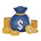 Visualizing financial abundance of dollar sack corded with gold coin. 3D rend