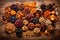 A visually appealing display capturing a variety of dried fruits arranged on a clean surface. The assortment includes vibrant and