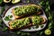 A visually appealing image capturing the essence of a green-themed open sandwich with a vibrant avocado, pea, and spinach dip as