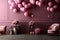 A visually appealing image displaying Valentine-themed decor, including heart-shaped balloons, garlands, and festive ornaments,