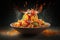 A visually striking image of pasta Amatriciana ingredients floating in mid-air, arranged in an artistic and abstract manner,