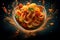 A visually striking image of pasta Amatriciana ingredients floating in mid-air, arranged in an artistic and abstract manner,