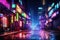 A visually striking photo of a city street at night, enhanced by an array of vibrant neon lights, Street in cyberpunk dystopian