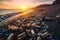 A visually striking photo of a polluted beach with plastic bottles and garbage, urging viewers to reconsider their plastic