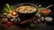 A visually stunning advertising photo showcasing a homemade vegetarian soup, AI generated