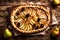 A visually stunning fresh organic pear tart, perfectly baked and displayed on a rustic wooden background, highlighting the natural