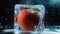 A visually stunning image of a pristine apple captured in the midst of freezing, suspended in a crystal-clear ice block,