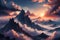 a visually stunning and immersive digital depiction of a mountainous sunset scene with pathways