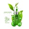 Vital serum dropper bottle decorated with green leaves on white background. Skin care vitamin formula treatment design
