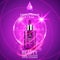 Vital serum dropper bottle on shining purple background. Realistic bottle view with magic vital drops and glitters