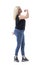 Vitality concept. Side view of casual feminine middle aged woman dancing and posing in jeans