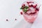 Vitamin autumn fruit drink with lingonberry and ice cubes on white wood board, copy space, closeup, top view.
