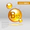 Vitamin B12 gold shining pill capcule icon . Vitamin complex with Chemical formula, group B, Cyanocobalamin