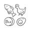 Vitamin B12 linear icon. Fish, poultry and egg. Healthy eating. Cobalamin food source. Minerals, antioxidants. Thin line