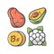 Vitamin B5 color icon. Meat, avocado and cauliflower. Healthy eating. Pantothenic acid natural food source. Proper