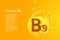 Vitamin B9. Baner with vector images of golden drops with oxygen bubbles. Health concept