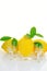 Vitamin C.Serum with Vitamin C. Transparent ampoules set, lemons fruits with green leaves on a white background with