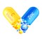 Vitamin complex Zink and vitamin C. Yelllow capsule and blue with vitamin C and mineral of zink on white background