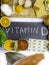 Vitamin D in food as fish, caviar, orange, micro greens, cheese, eggs, mushrooms, milk, butter, corn, oil, products rich in