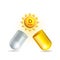 Vitamin D Icon on bright yellow Sun flying from white and yellow medicine Capsule.