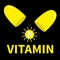 Vitamin D open capsule pill icon set. Sun shape. Yellow color. Fish oil supplements. Healthy lifestyle diet concept. Flat design.