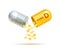 Vitamin D supplement for health. Capsule with yellow granules, healthy diet symbol.