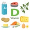 Vitamin D vector flat illustrations. Foods containing vitamin D on the table. Source of vitamin D: beans, eggs, milk