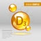 Vitamin D3 shining pill capsule icon . holecalciferol vitamin with Chemical formula. Shining golden substance drop. Meds