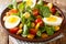 Vitamin delicious salad of lupine beans, boiled eggs, tomatoes and common cornsalad close-up in a plate. horizontal