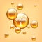 Vitamin E realictic 3D bubble. Golden emulsion balls collagen or gel. Vector illustration isolated bubbles liquid serum