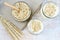 Vitamin Healthy Breakfast Yogurt with Oat Flakes White Wooden Background