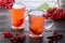 Vitamin healthy viburnum berry warm drink in glass cups with fresh raw viburnum berries and cinnamon sticks, anise stars