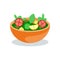 Vitamin salad in deep bowl. Fresh green salad leaves, tomato, olives and cucumber slices. Fresh and healthy food