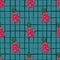 Vitamin seamless pattern with simple pink and green colored dragon fruit ornament on blue background with check