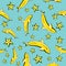 Vitamin tasty bananas dolphin pattern. Tropical food vegetarian organic background.Yummy summer cover