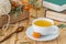 Vitaminic tea with sea-buckthorn orange berries in a white cup o