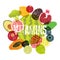 Vitamins. Fruit grunge style poster. Collection of retro fruits and vegetables. Retro vector illustration.