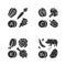 Vitamins glyph icons set. A, C, B1, K vitamins natural food source. Vegetables, edible greens, dairy products. Proper