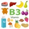 Vitamins and Minerals foods .Vector set of vitamin rich foods. Vitamin B3 meat, spinach, poultry, fish, liver, mushrooms