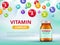 Vitamins poster. Medical bottles with multivitamins mineral colored pills vector healthcare medical concept advertizing