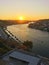 Viticulture in the Portuguese villages at sunrise. Panorama of the famous Portuguese city. Landscape of the Douro river regionin