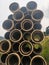 Vitrified clay pipe stacked at the construction site.