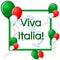 Viva Italia greeting card with green, red and white balloons, frame, Italy map, and text.