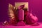 viva magenta cosmetic showcase pedestal display featuring gifts, rose flowers, and a palm leaf. Cosmetic and beauty