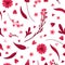 Viva Magenta! Floral Seamless Pattern. Blooming Flowers, Red and Pink Leaves and Hearts.