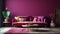 Viva magenta in the luxury living lounge. Painted mockup wall for art, crimson red burgundy color