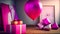 Viva Magenta space with gifts and balloon decorati, red inflatable balls, on a red background. generative AI