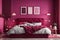 Viva magenta is a trendy color year 2023 panton in the rich bedroom. Painted mockup wall and crimson red burgundy colour bed