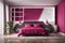 Viva magenta is a trendy color year 2023 panton in the rich bedroom. Painted mockup wall and crimson red burgundy colour bed.